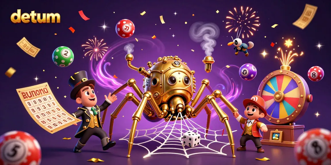 Datum captures an exciting casino vibe with a colorful illustration of a golden spider web, lottery balls, and gaming elements.