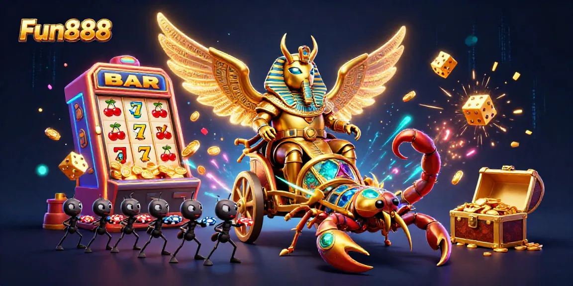 Experience the excitement of Fun888 with live slot action and jackpot visuals in this vibrant illustration.