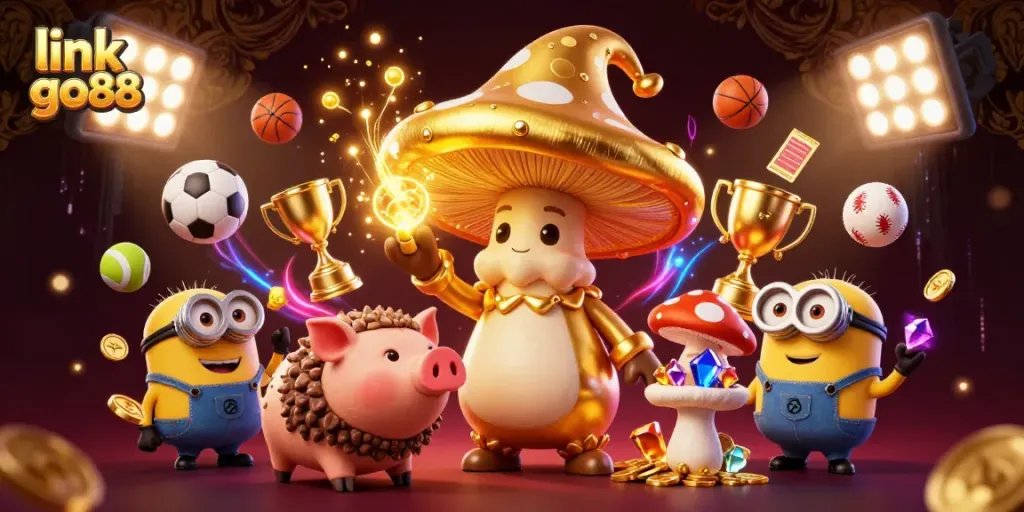 Experience the magic of winning with link go88, featuring a vibrant scene with a golden mushroom wizard, treasure, and dynamic sports elements.