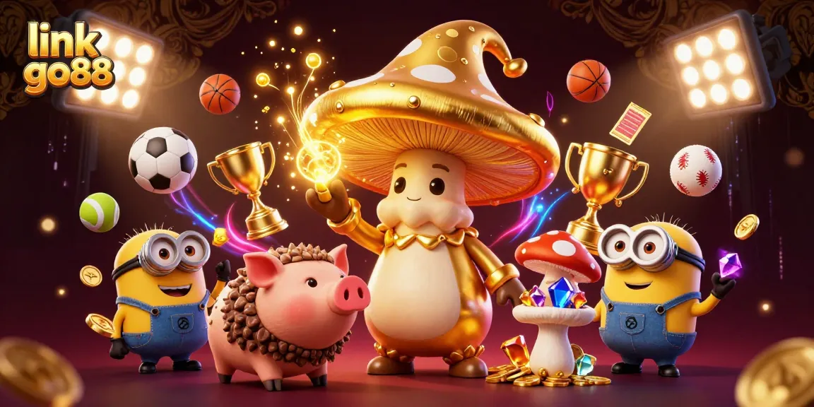 Experience the magic of winning with link go88, featuring a vibrant scene with a golden mushroom wizard, treasure, and dynamic sports elements.