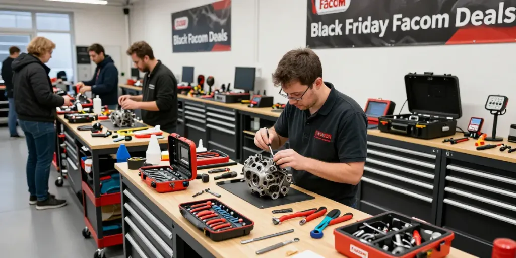 Descuentos de Black Friday Facom en un taller profesional con un técnico utilizando herramientas de alta calidad.