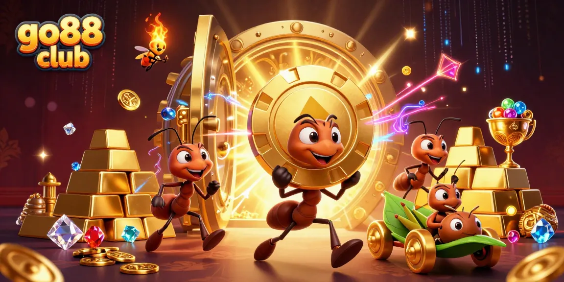 Experience thrilling adventures with go88 club as ants celebrate with giant poker chips in a dazzling casino environment.