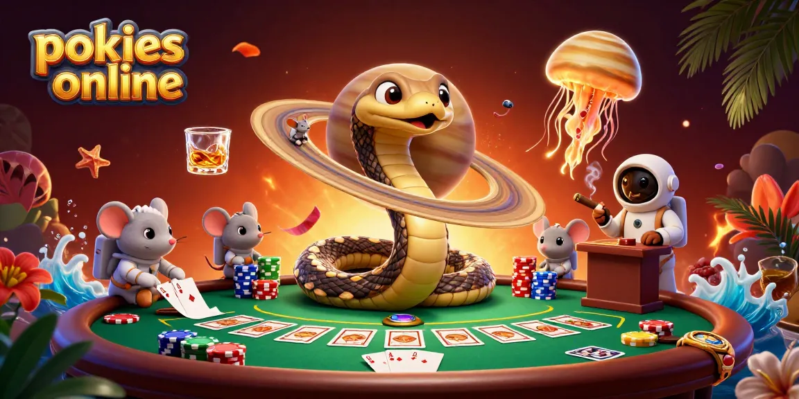 Engage with pokies online in a vibrant 3D scene featuring betting astronaut mice and a cosmic jellyfish dealer.