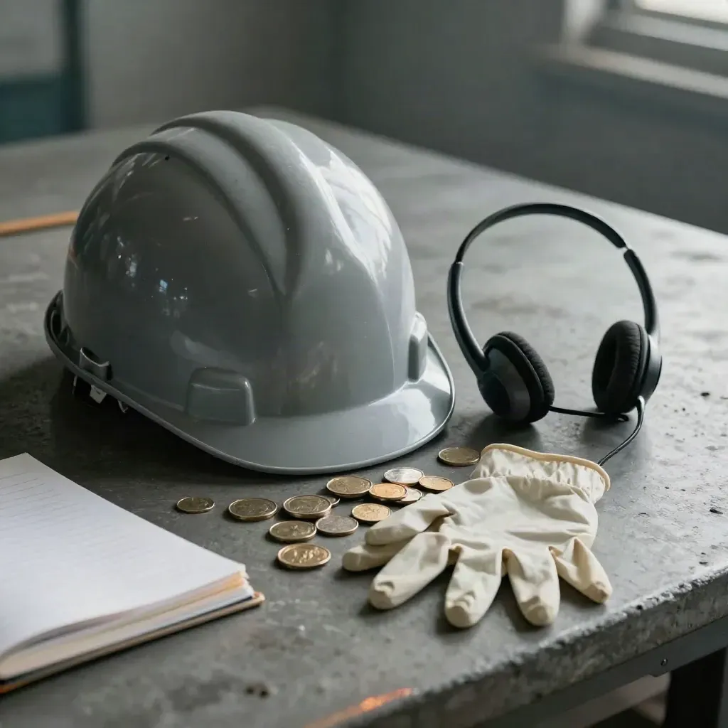 Casco, auricular y guante sanitario con monedas sobre mesa industrial en luz fría de mañana.