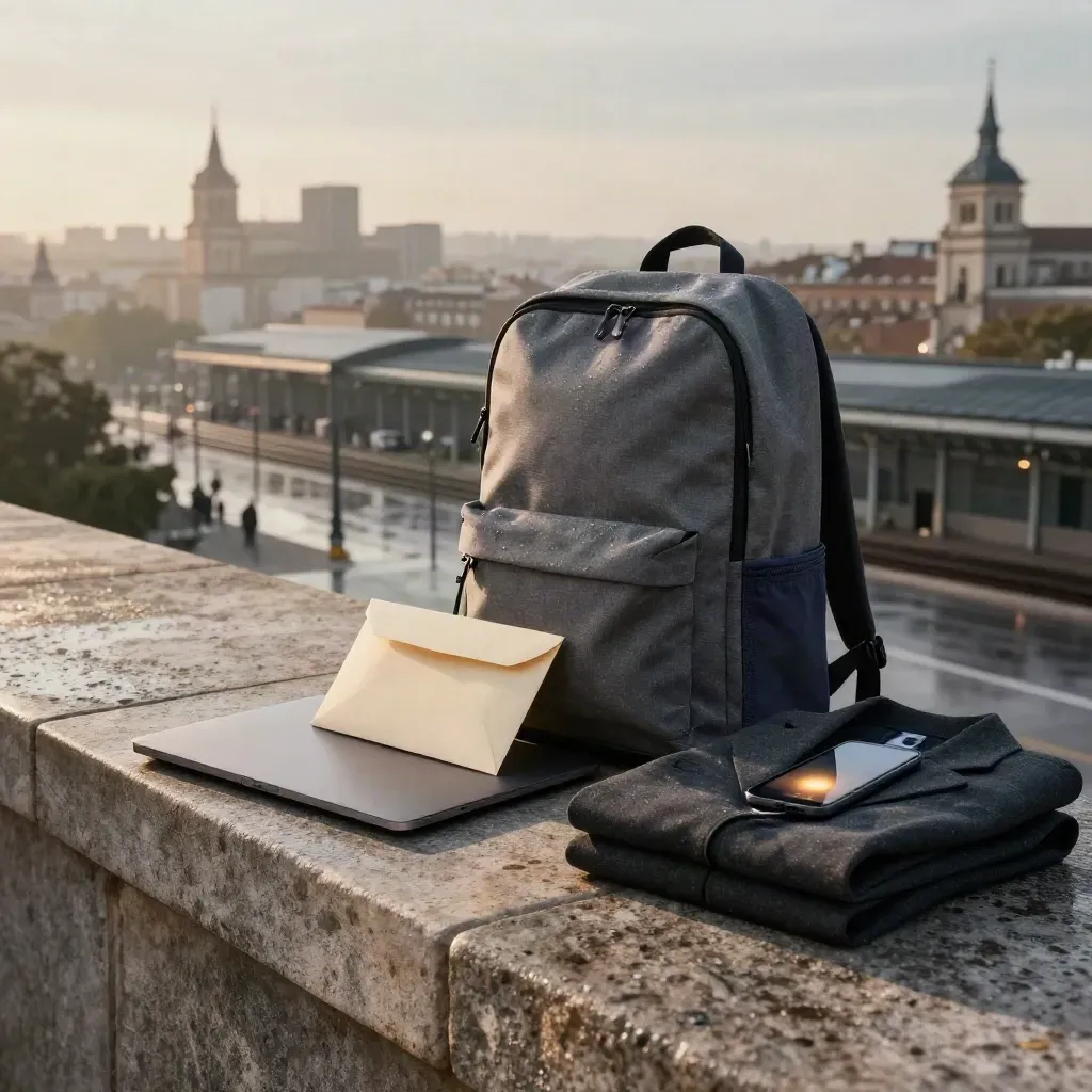 Mochila, portátil y sobre de candidatura sobre un pretil con el amanecer de Madrid al fondo.