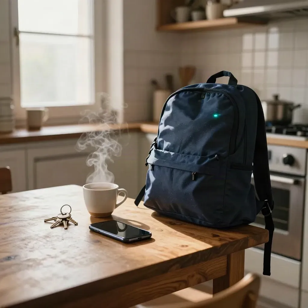 Móvil con alerta luminosa, taza humeante, llaves y mochila junto a una mesa de cocina.