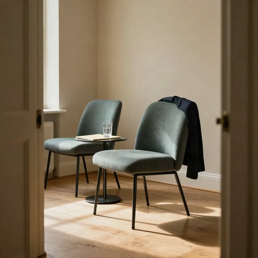 Sala de entrevistas vacía con sillas, vaso de agua, carpeta y luz cálida de tarde.