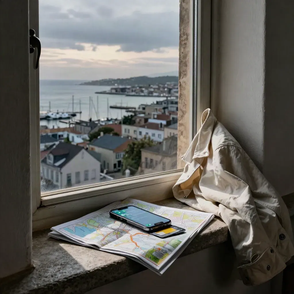 Ventana abierta sobre una ciudad costera con móvil, mapa y chaqueta junto al alféizar.