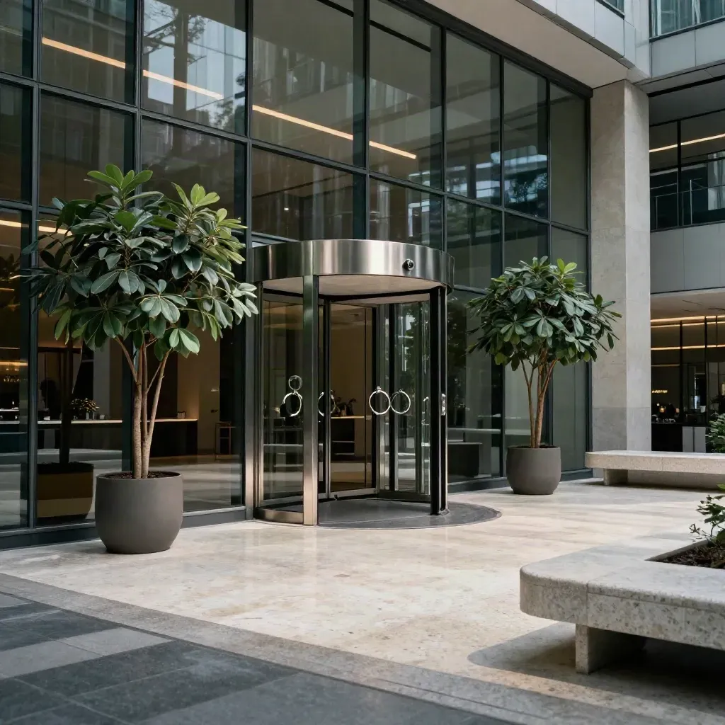 Vestíbulo corporativo de vidrio con puertas giratorias, plantas altas y bancos de piedra bajo luces tempranas.