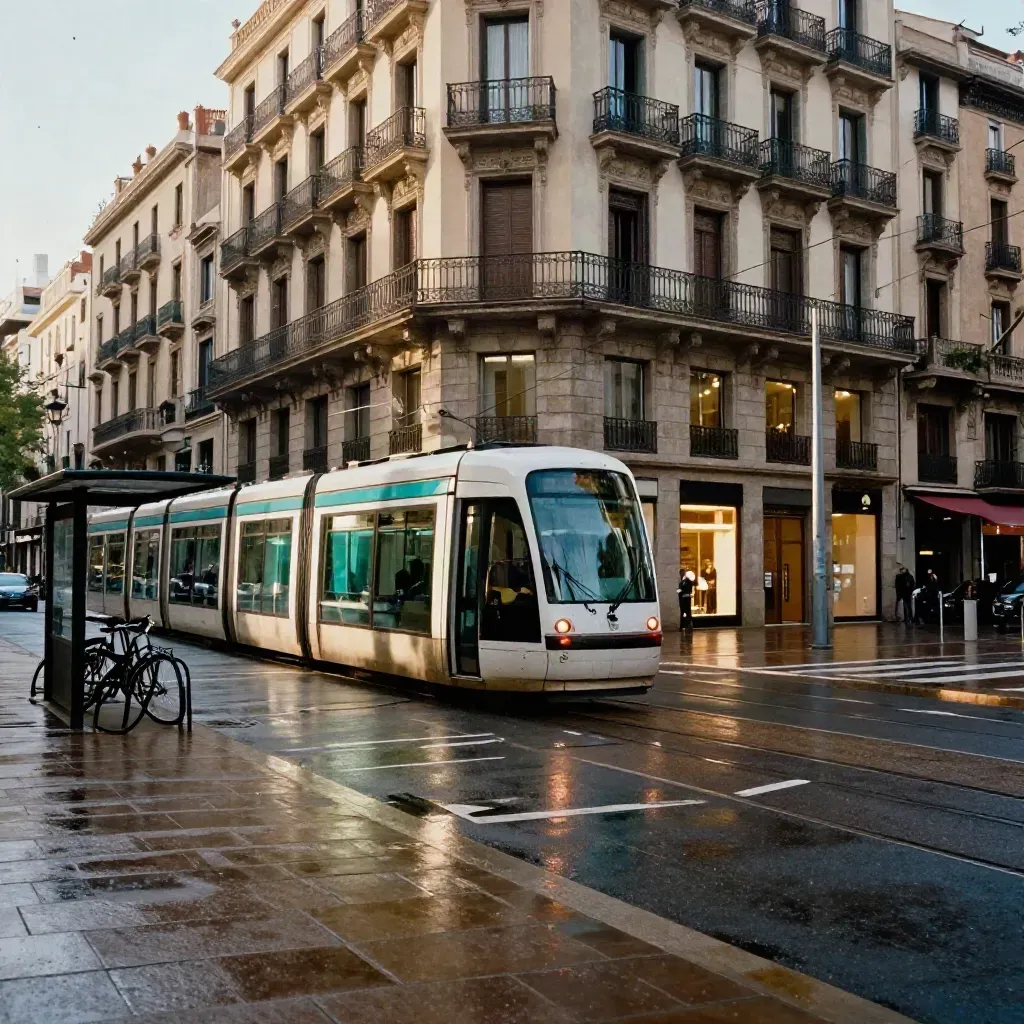 Cruce del Eixample con tranvía, fachadas modernistas y oficinas tras la lluvia.