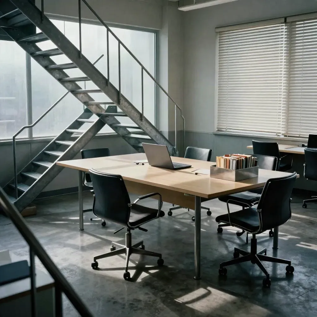 Oficina silenciosa con escalera de hierro, mesa vacía y persianas a medio bajar.