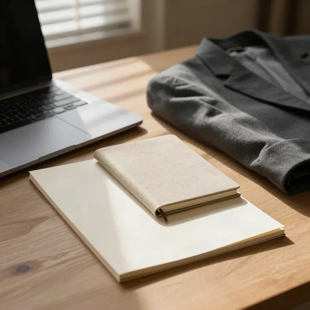 Mesa mínima con hoja, portátil cerrado, libreta fina y chaqueta doblada bajo luz de persianas.