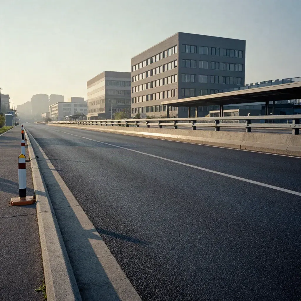 La M-30 curva junto a oficinas y una estación al amanecer, con calima y asfalto en primer plano.