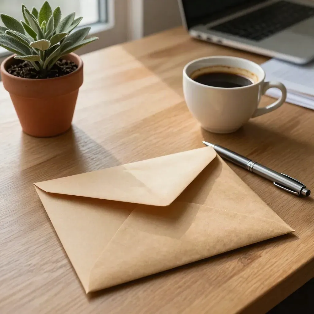 Sobre cerrado, pluma metálica, taza y planta baja sobre mesa de madera clara con luz cálida