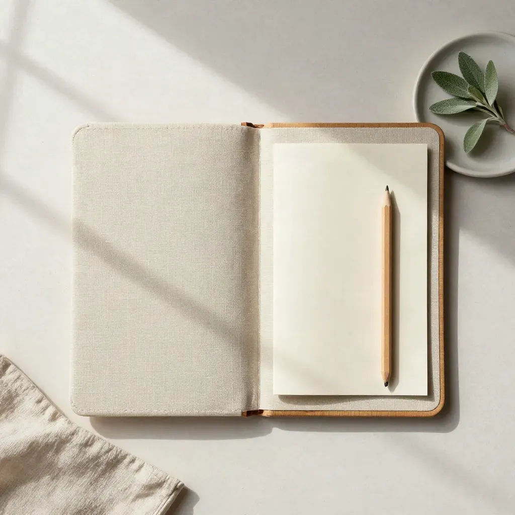 Flatlay de carpeta de lino, lápiz, hoja doblada y planta sobre yeso claro.