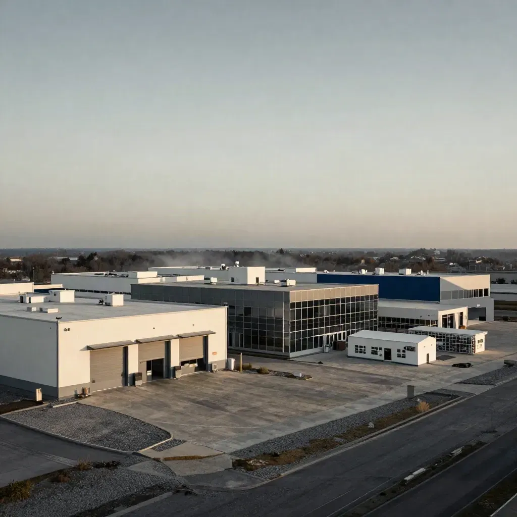 Polígono industrial con edificios de distintos sectores bajo luz de tarde y bruma fina.