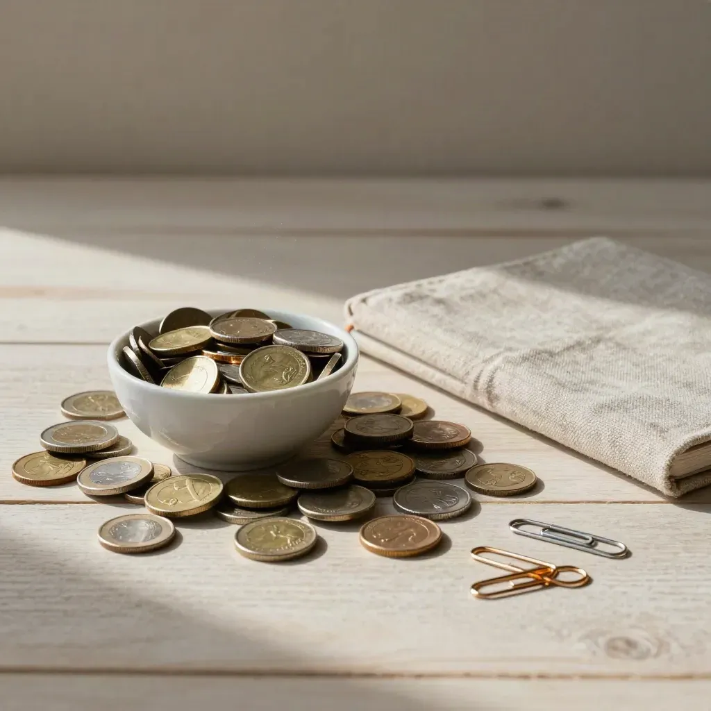 Monedas, libreta cerrada, clips metálicos y cuenco de cerámica sobre madera clara.