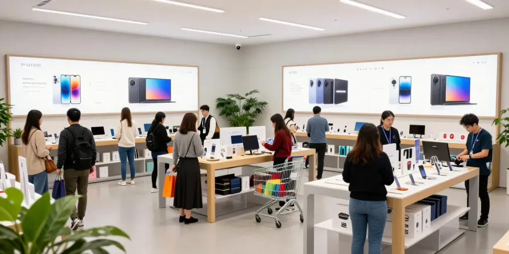 Engaging e-commerce shopping scene showcasing various productos in a modern retail environment.