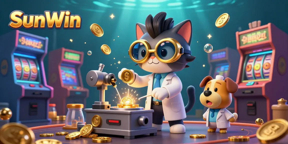 Engage with SunWin's thrilling gameplay alongside a mad scientist cat and dog in a vibrant casino.