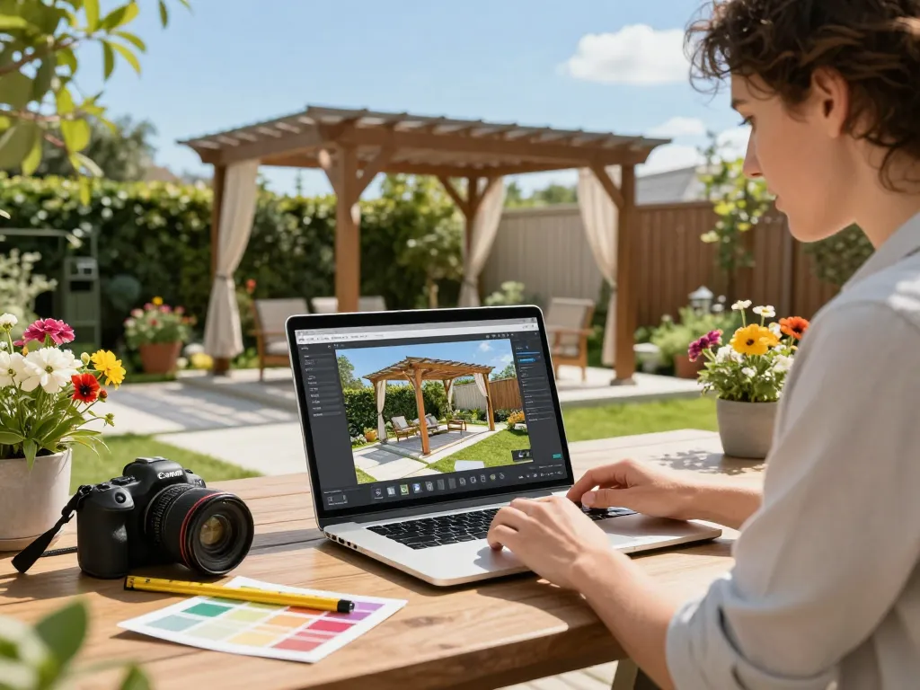 Configurador interactivo de pérgolas 3D en un vibrante jardín con diseñador y herramientas.