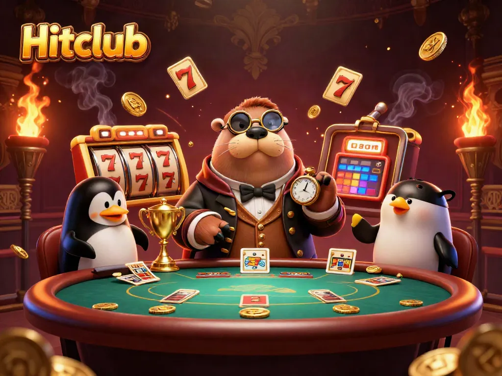 Hitclub players enjoy exciting slots with a jolly walrus, penguin dealer, and pufferfish, immersed in the casino vibe.