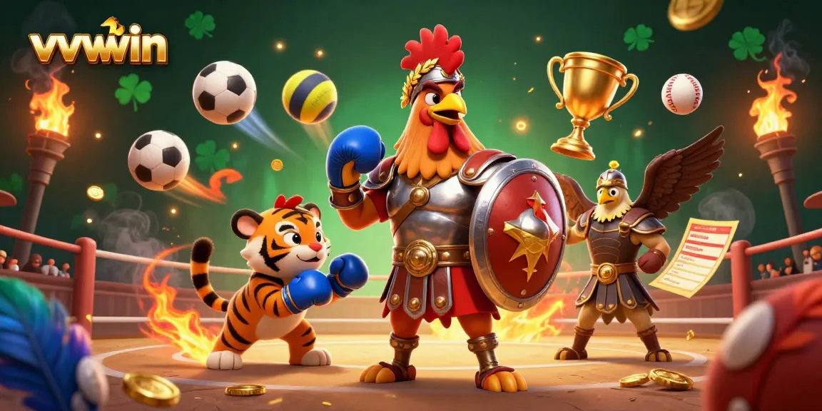 Engage in thrilling cockfighting action at vvvwin with a gladiator rooster battling in an ornate arena.