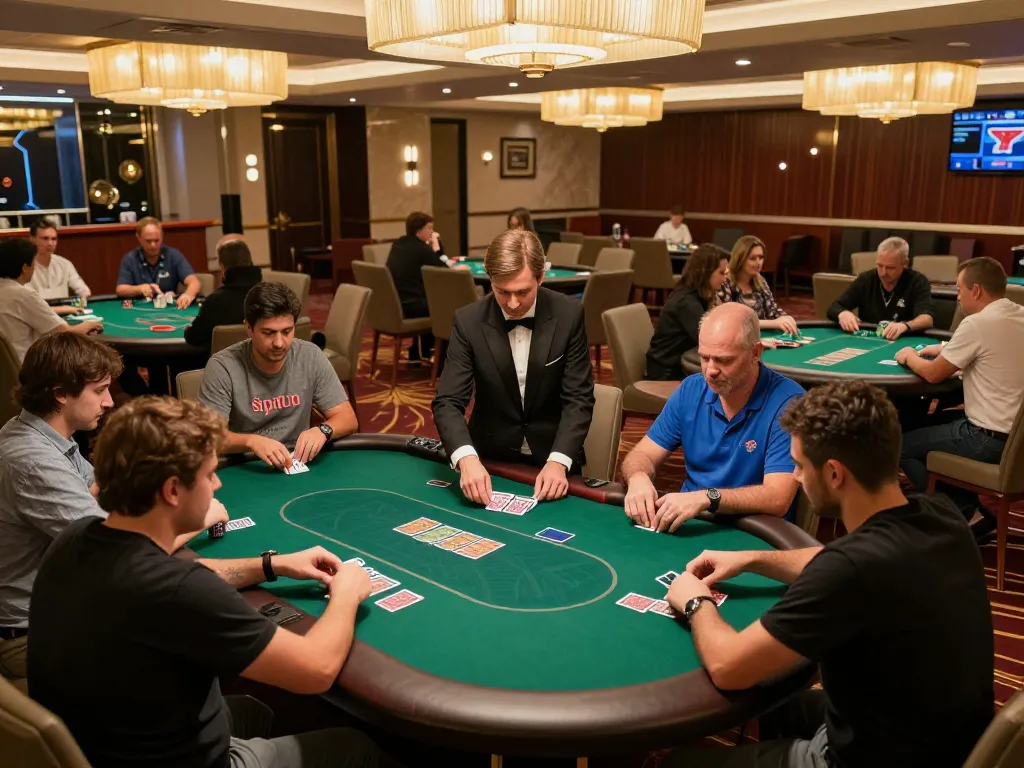 O8 casino players strategizing during an exciting poker game in a modern gaming room.
