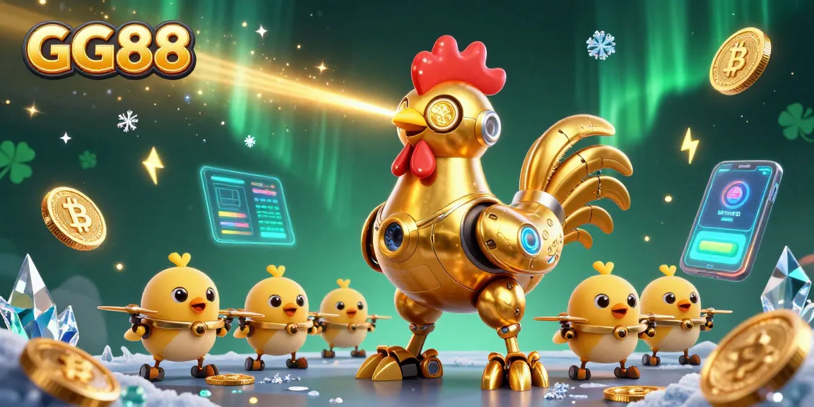 Win with GG88's vibrant casino atmosphere, featuring futuristic characters and cryptocurrency elements.