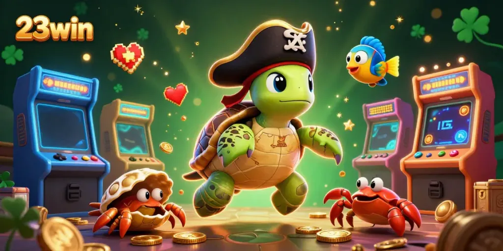 Join 23win's adventurous pirate turtle, discovering treasures in a vibrant casino atmosphere.