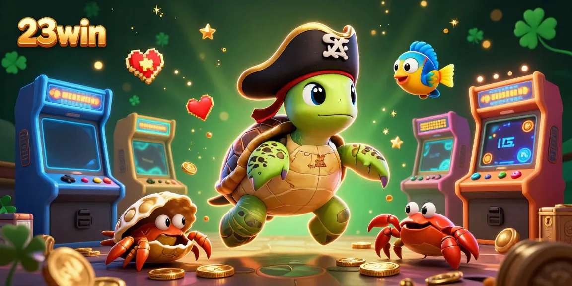 Join 23win's adventurous pirate turtle, discovering treasures in a vibrant casino atmosphere.