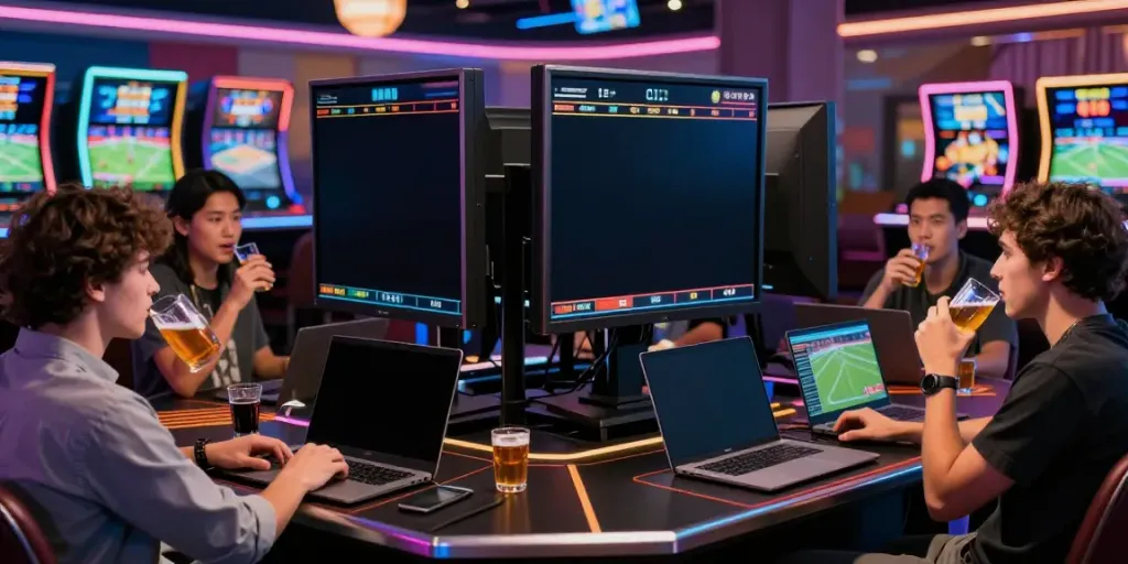 Exciting online betting experience at UK88 with players using devices in a vibrant casino atmosphere