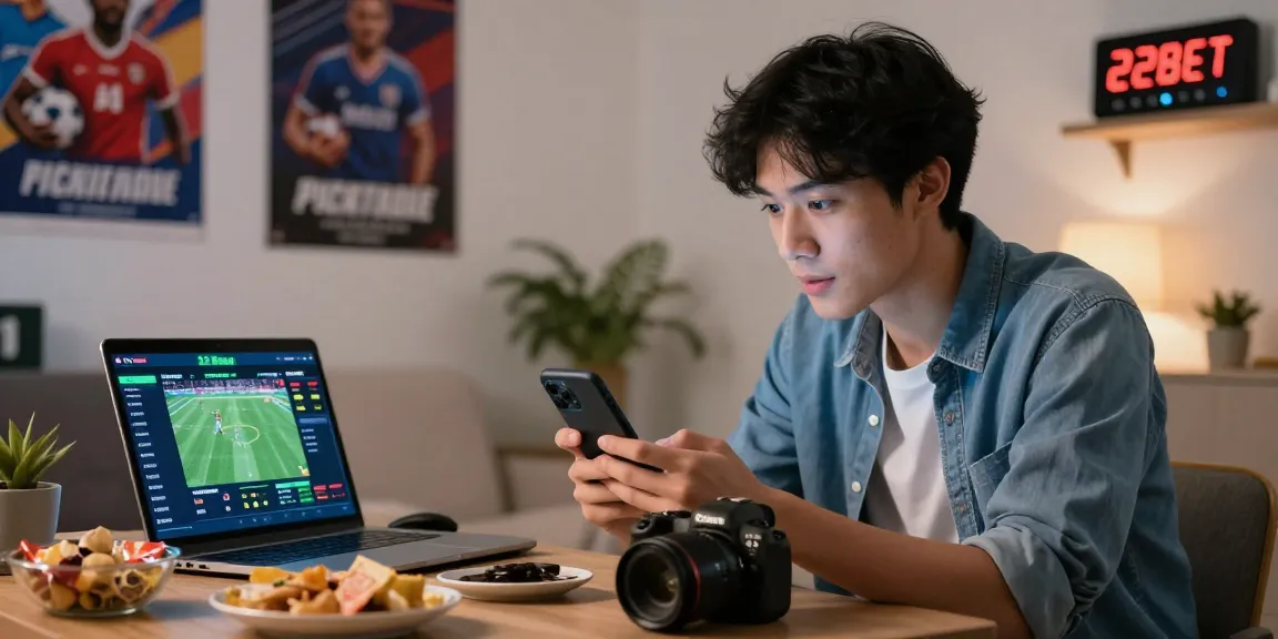 Engaged user placing bets on 22Bet platform with smartphone in a lively home setting.