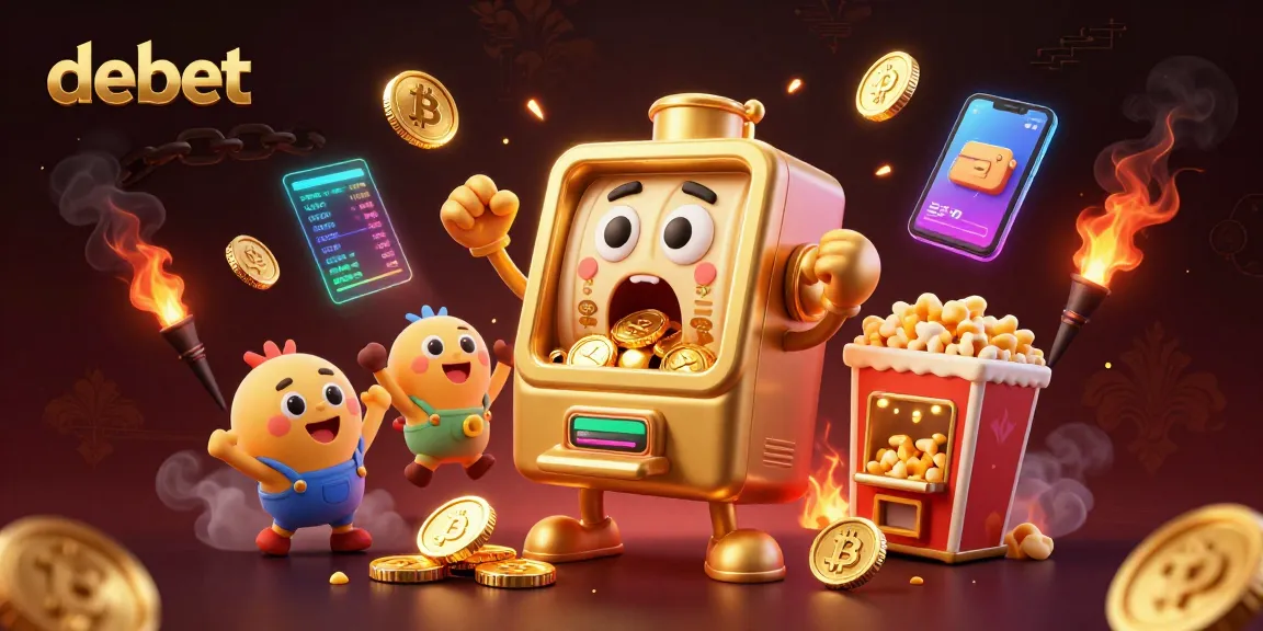 Experience debet with a joyful golden slot machine celebrating jackpots amidst crypto coins and dynamic visuals.