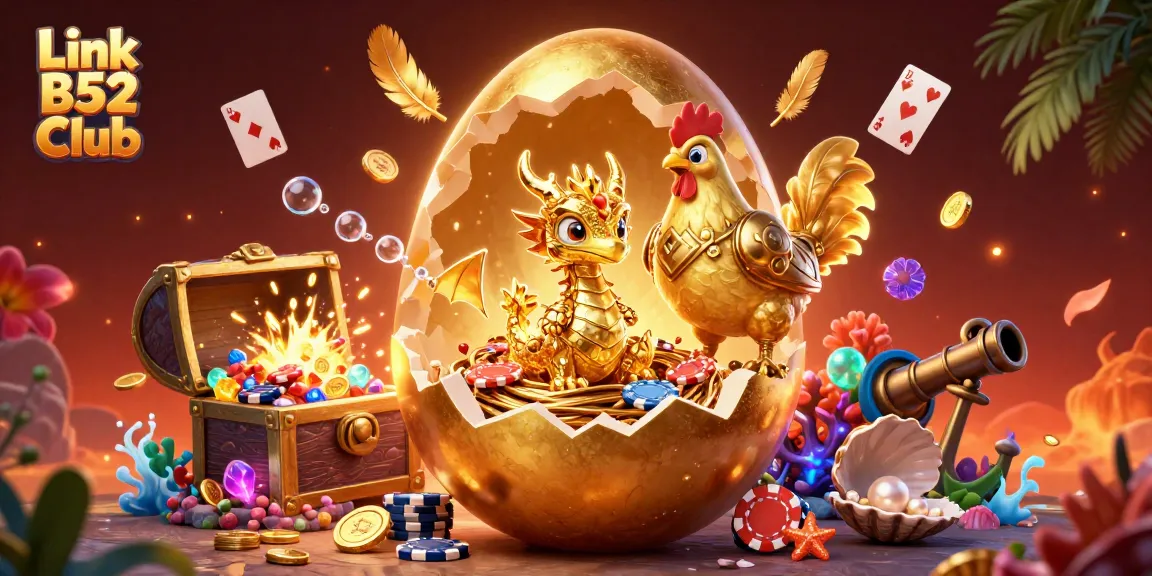 Engage with the Link B52 Club as the golden dragon emerges surrounded by vibrant casino elements and treasure.
