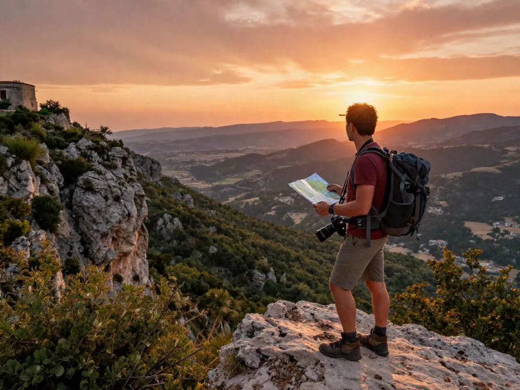 Vista desde el acantilado en Siracusa, Sicilia, explorador con mochila y mapa, paisaje de atardecer.
