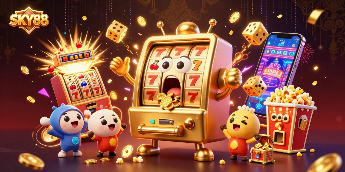 SKY88 unleashes thrilling jackpot excitement with animated slot machines showering coins in a vibrant casino scene.