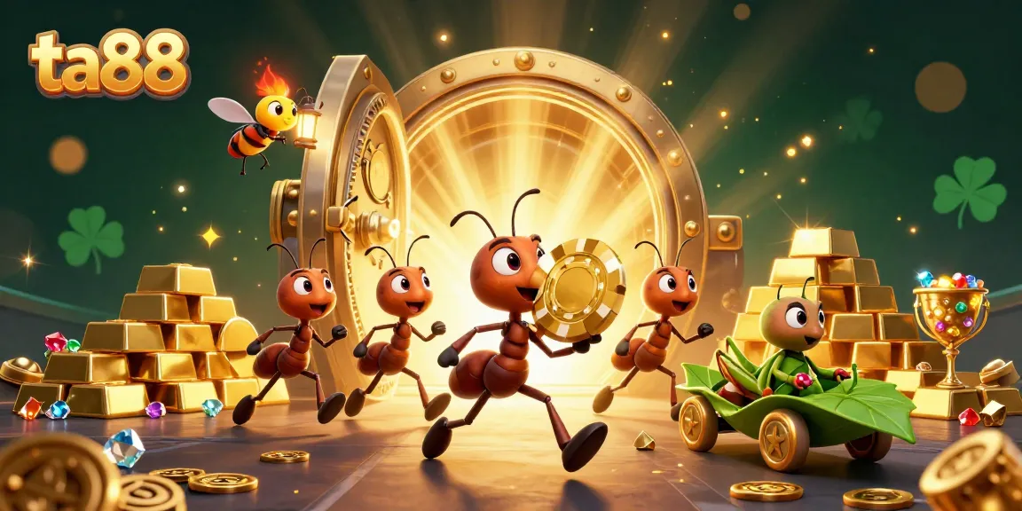 Experience the thrill of ta88 with ants carrying a giant poker chip in a treasure-filled heist scene.