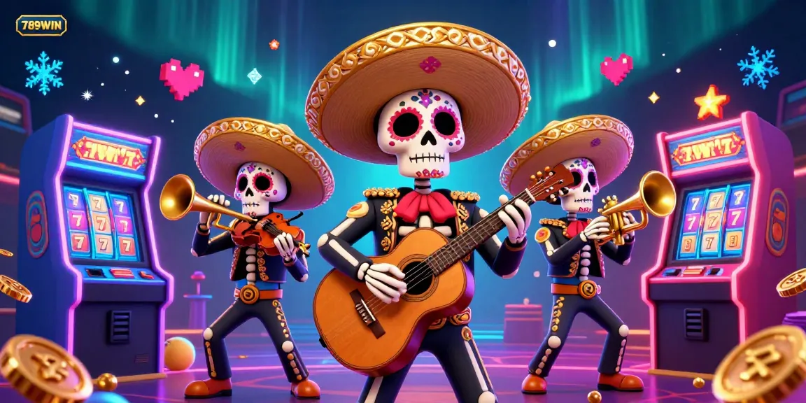 Engage with 789WIN's vibrant gaming scene featuring 3D skeleton musicians set against a lively casino backdrop.