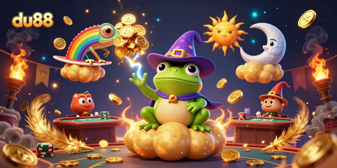 Experience action at du88 with a vibrant illustration featuring a wizard frog, chameleon, and poker elements.