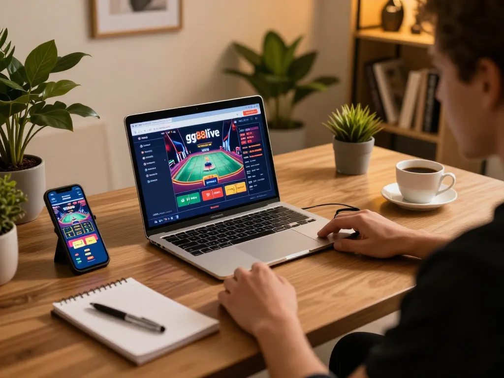 Person engaging with gg88live online casino platform on a laptop while planning strategies with notes.