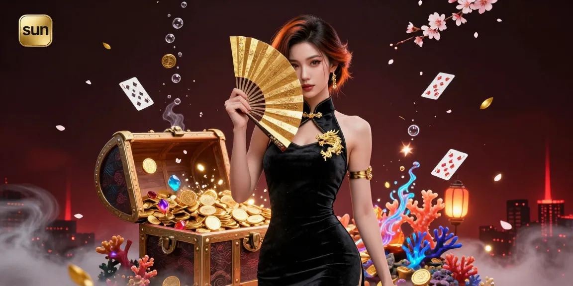 Engage in thrilling casino games at sun with an elegant lady and gold treasures.