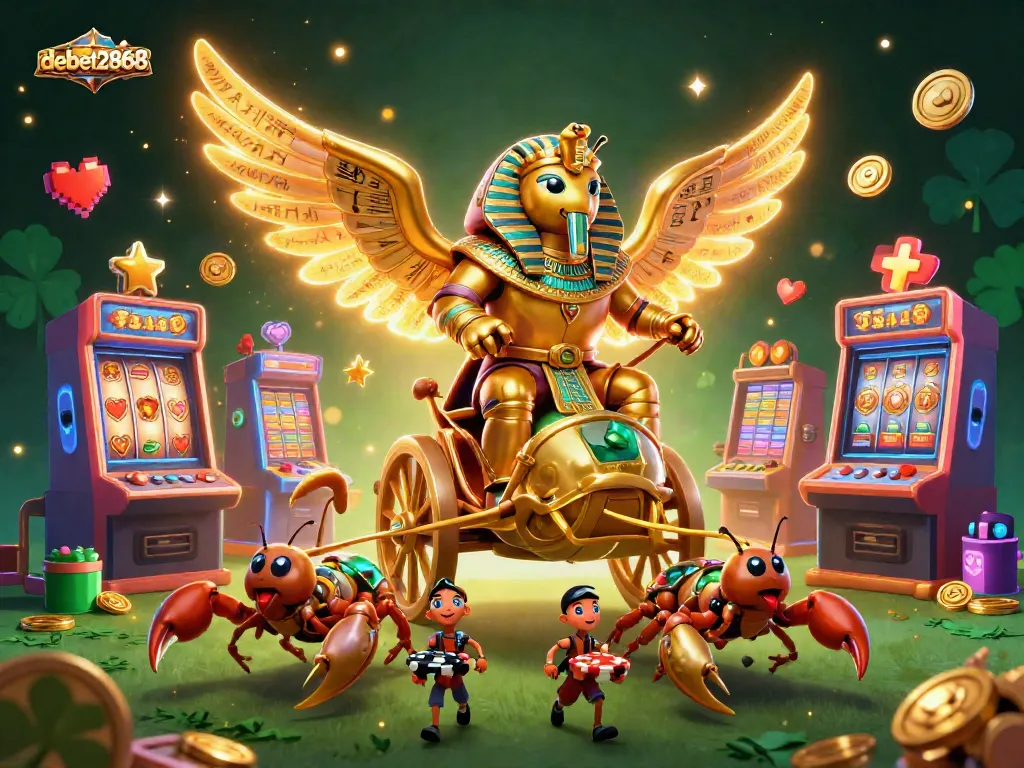 Feel the thrill at debet2868 with a colossal scarab beetle amidst vibrant casino games.