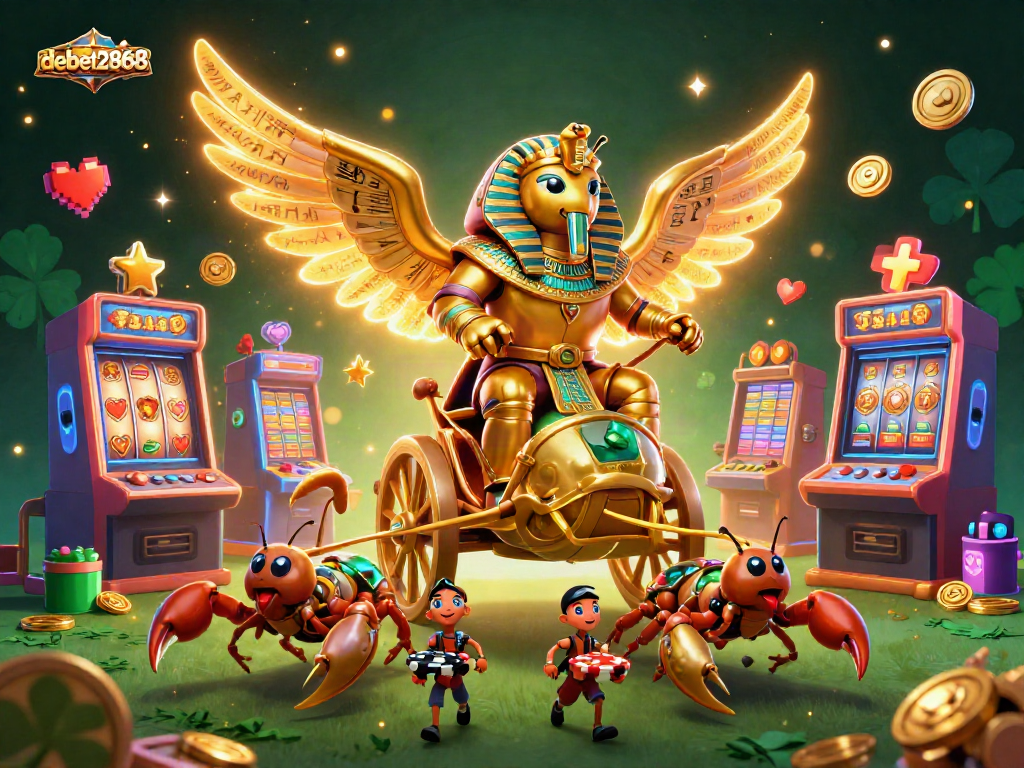 Feel the thrill at debet2868 with a colossal scarab beetle amidst vibrant casino games.