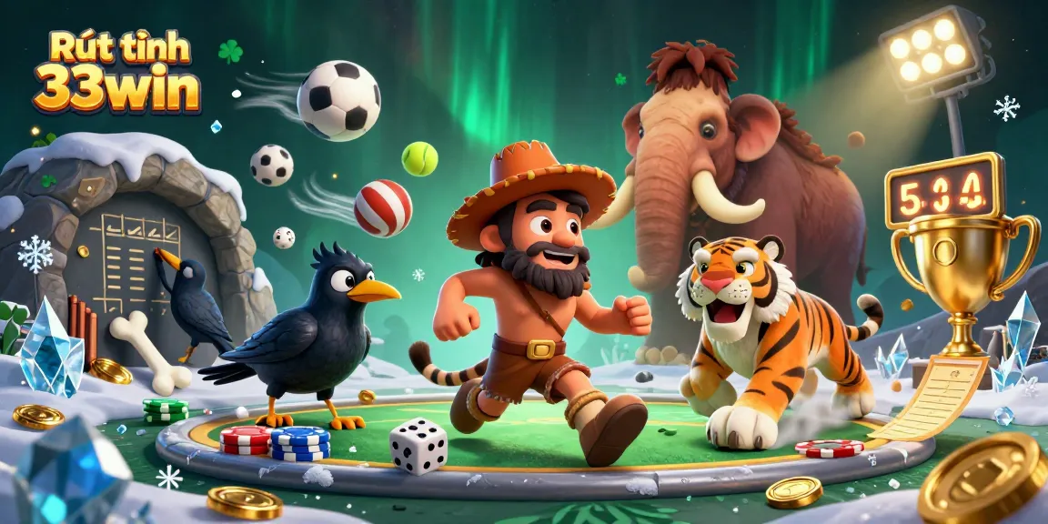 Experience Rút tiền 33win with a lively casino scene depicting a caveman, tiger, and crow.