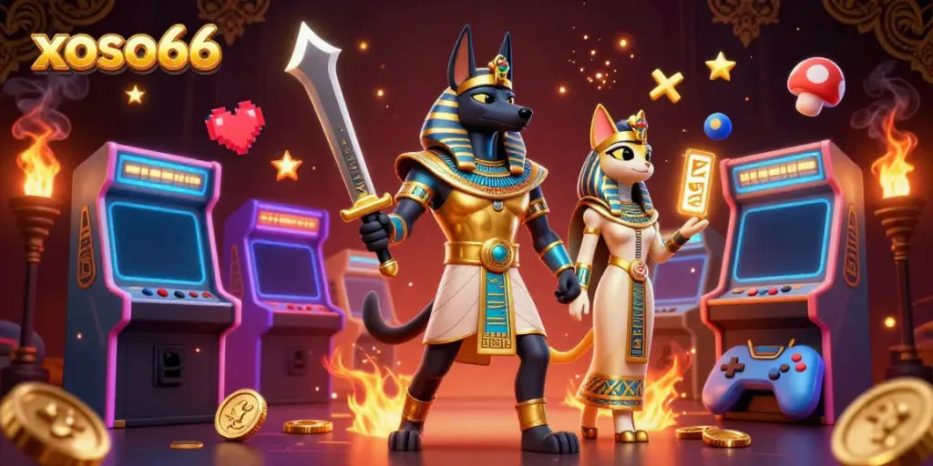Experience thrilling lottery action with xoso66 featuring Anubis and Bastet in a vibrant scene.