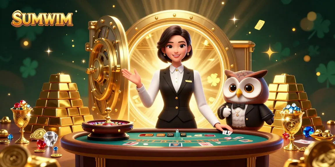 Engage in SUMWIM's vibrant online casino scene with dealers, treasure, and game elements.