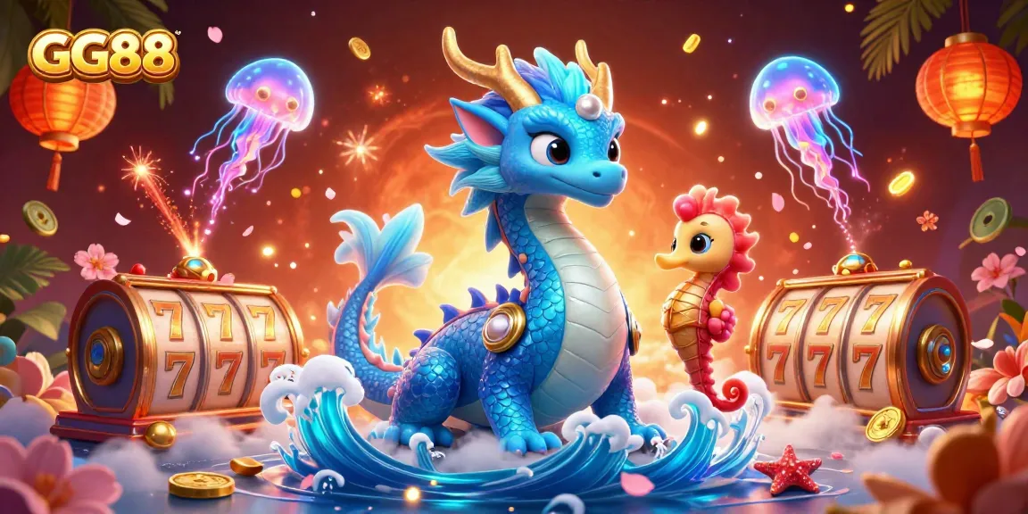 Experience the excitement of GG88 with a vibrant scene featuring a dragon, seahorse knight, and slot reels.