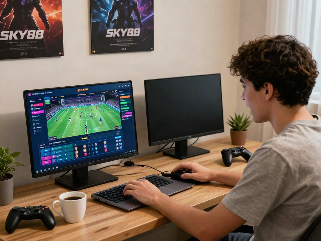 Engaged user on SKY88 platform for online gaming, cozy workspace with vibrant graphics.