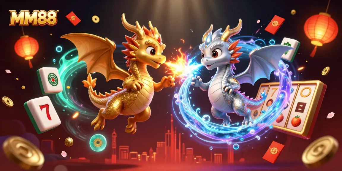 Experience the thrilling MM88 slots with a dynamic dragon scene, featuring lucky symbols and vivid colors.