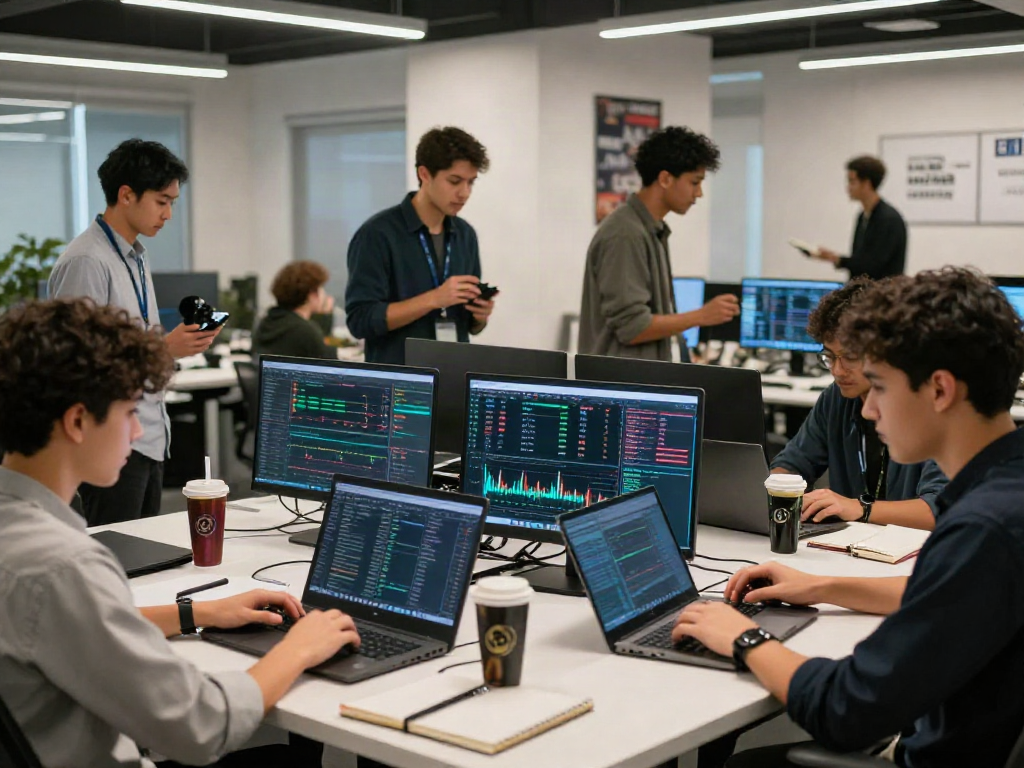 Grupo de jóvenes analizando intercambios cripto en una oficina moderna, con pantallas brillantes y ambiente tecnológico.